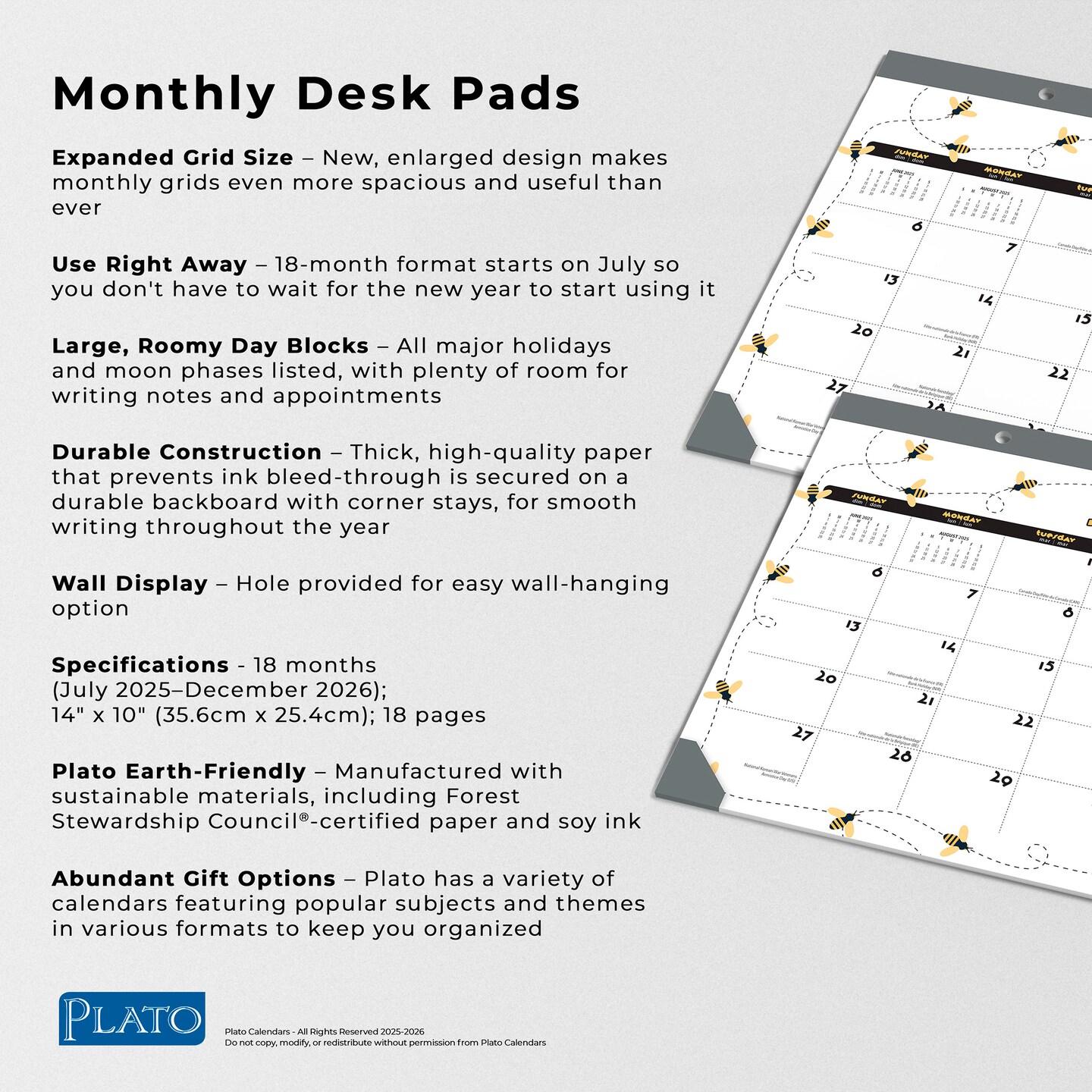Busy Bees | 2026 14x10 Inch 18 Months Monthly Desk Pad Calendar | July 2025 - December 2026
