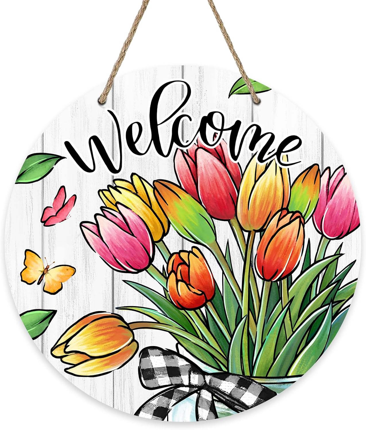 Summer Tulip Flowers Front Door Sign, Floral Butterfly Mason Jar Wood Door Hanger Outdoor Outside Porch Decor, Seasonal Farmhouse Wooden Wreath Indoor Wall Hanging Decoration