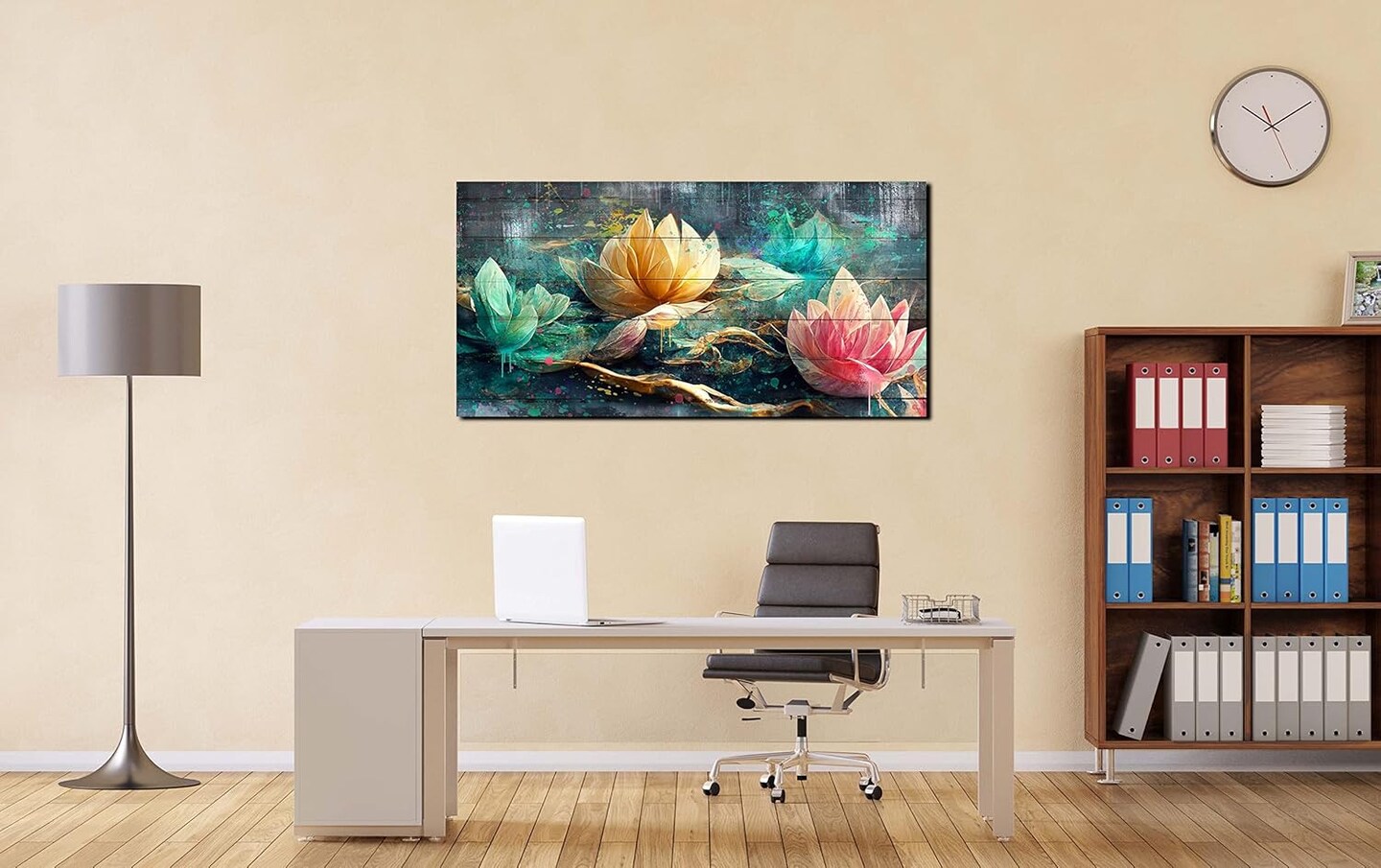 Summer Lotus Flower Wall Art for Living Room, Floral Canvas Wall Decor for Bedroom, Teal Vintage Print Painting, Colorful Artwork for Home, Aesthetic Picture Decoration, Size 40x20