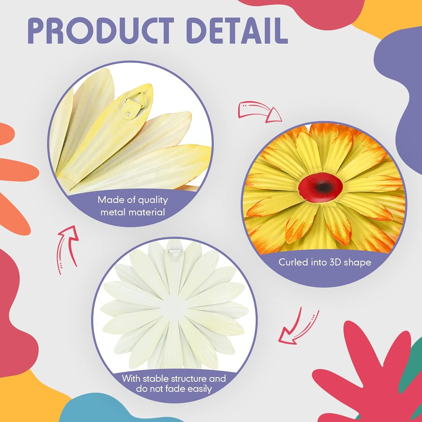 6 Pcs Summer Metal Flower Wall Art Decor 8 Inch Sunflower Wall Decorations Hanging Outdoor Art Multicolored Handmade Metal Flowers Outdoor Decor(Cute Color)