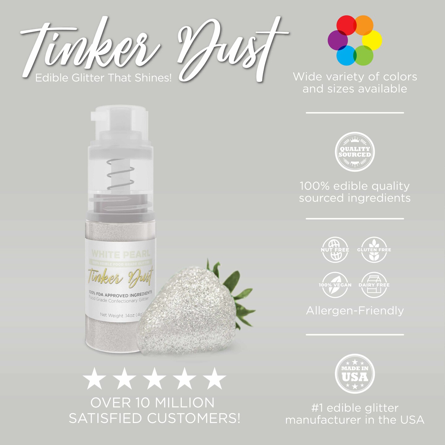 Bakell - White Pearl Tinker Dust Edible Glitter (25g, 1x Mini Spray Pump) for Food, Desserts, and Beverages!
