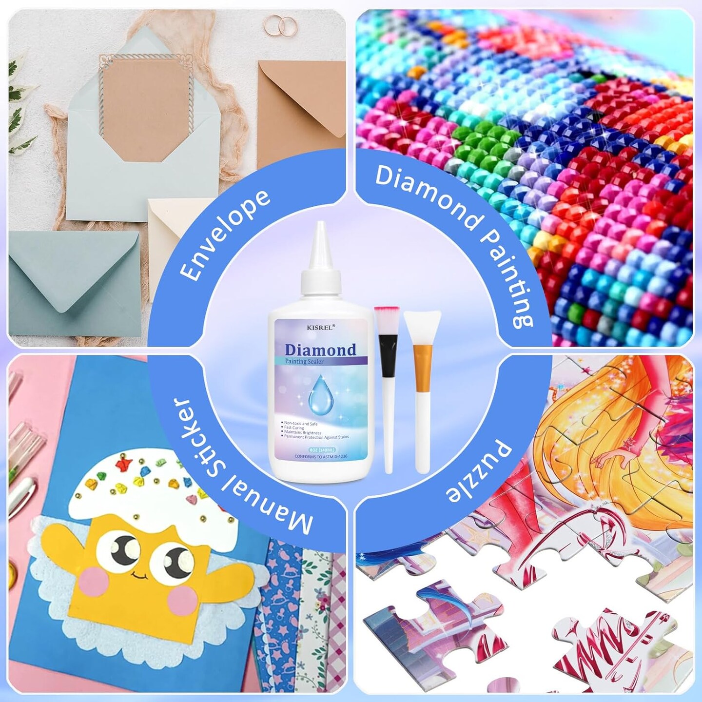 8OZ Diamond Painting Sealer, Diamond Painting Tools Adhesive with Applicator, 5D Diamond Painting Glue Sealer Permanent Hold, Shine Effect Conserver for Jigsaw Puzzles(240ML)