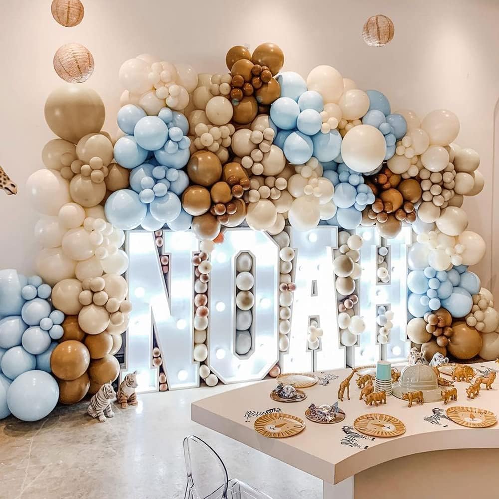 Brown And Blue Balloon Garland Double Stuffed Nude Tan Light Blue Beige Balloon Latex Arch Kit for Neutral Birthday Baby Shower Teddy Bear Gender Reveal Jungle Safari Party Decorations