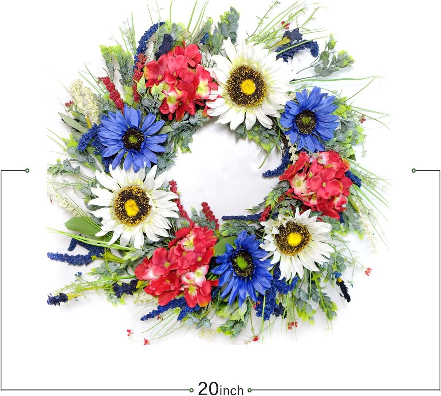 20 Inch 4th of July Independence Day Artificial Sunflower Red White and Blue Hydrangea Wreath Wall Decor