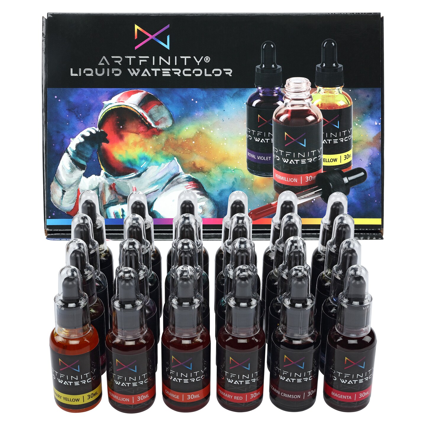 Artfinity Liquid Watercolor Paint 30 ml Bottles, Set of 24 Colors - Vibrant Dye-Based Liquid Watercolor w/ Glass Pipette, Fast-Drying, Fine Art Paint for Calligraphy, Airbrushing &#x26; Traditional Art
