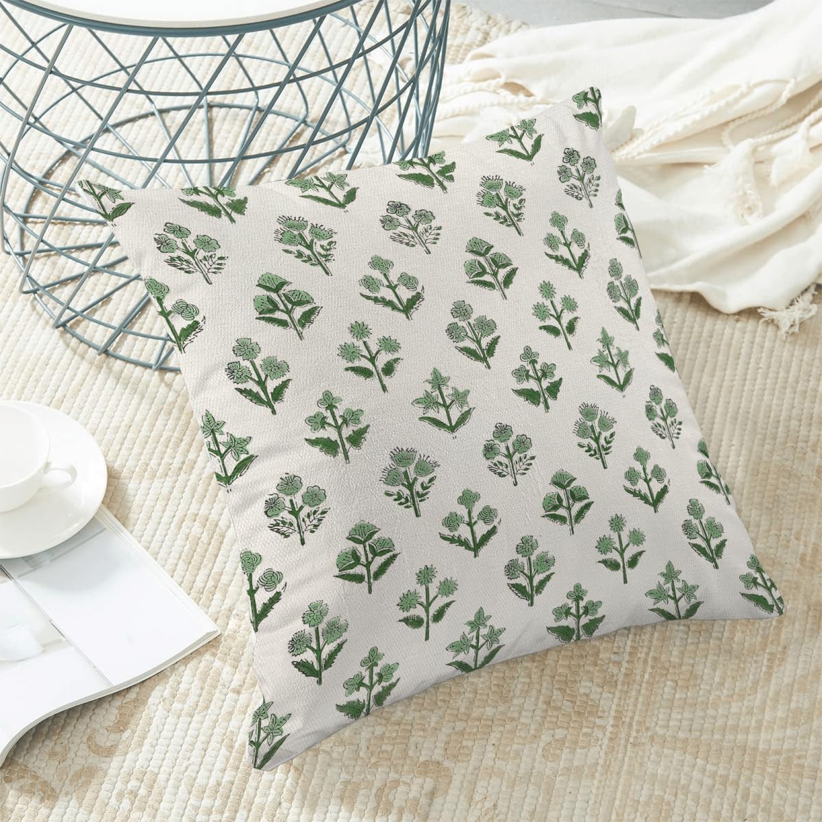 Sage Green Floral Block Print Pillow Covers 18x18 Inch Vintage Spring Flowers Throw Pillow Covers Set of 2 Summer Pillow Cases Outdoor Decorative for Living Room Bedroom Linen Square Cushion