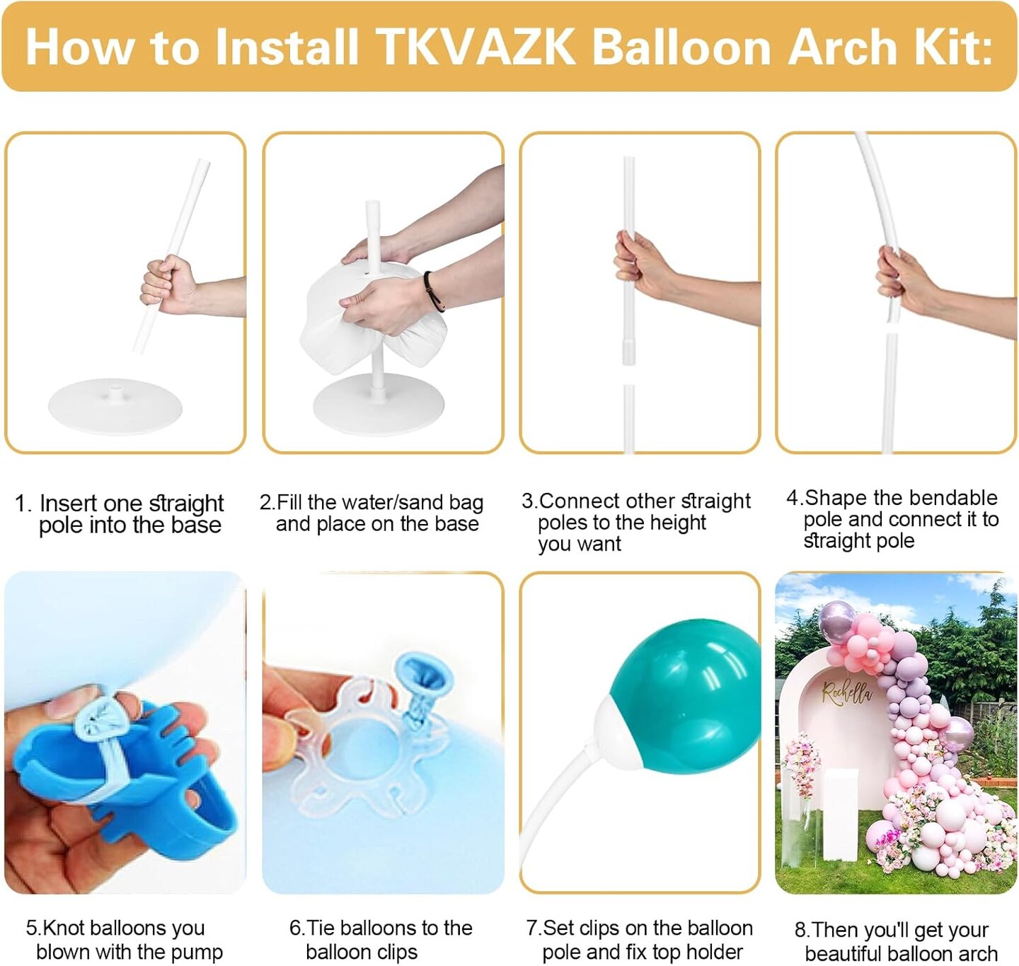 Balloon Arch Kit, Bendable 8FT and 6FT Balloon Arch Stand with Base and Manual Pump, Ballon Arch Stand Kit for Birthday Wedding Baby Shower Holiday Graduation Party Decoration(White)