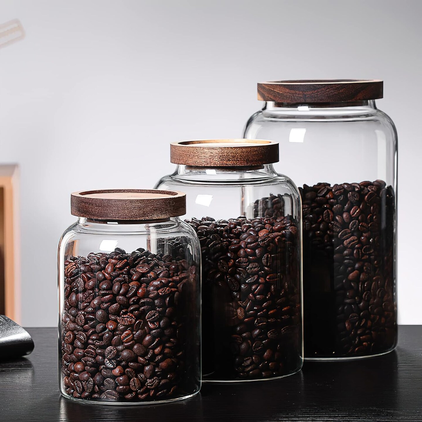 1200ML 40FL Oz Glass Storage Container with Wood Lid Large Decorative Organizer Bottle Canister Pantry Jar with Air Tight Wooden Lid for Food Coffee Candy Cereal Rice Flour Pop Spaghetti