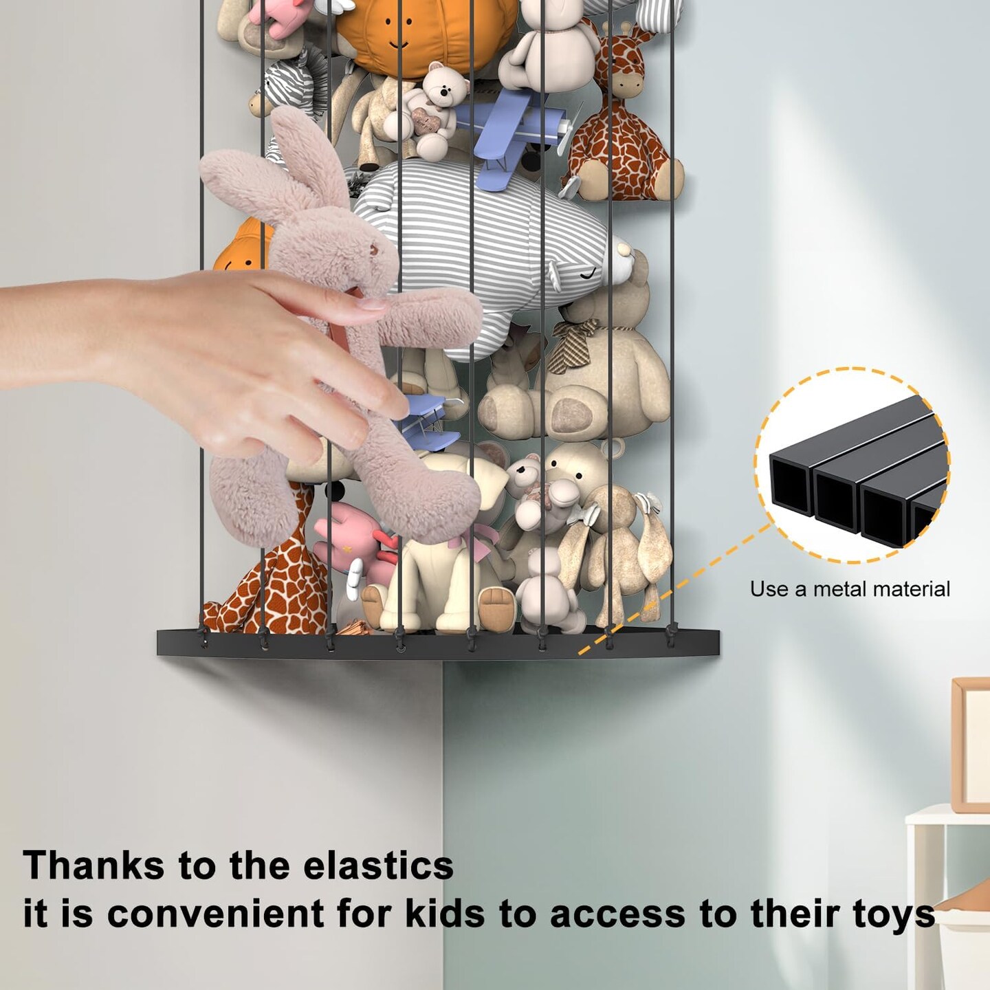 Corner Stuffed Animal Storage Hammock &#x2013; Adjustable Length (34.25&#x22;-59&#x22;) Wall-Mounted Organizer, Space-Saving Toy Net for Nursery, Playroom, Kids&#x2019; Bedroom &#x2013; Black