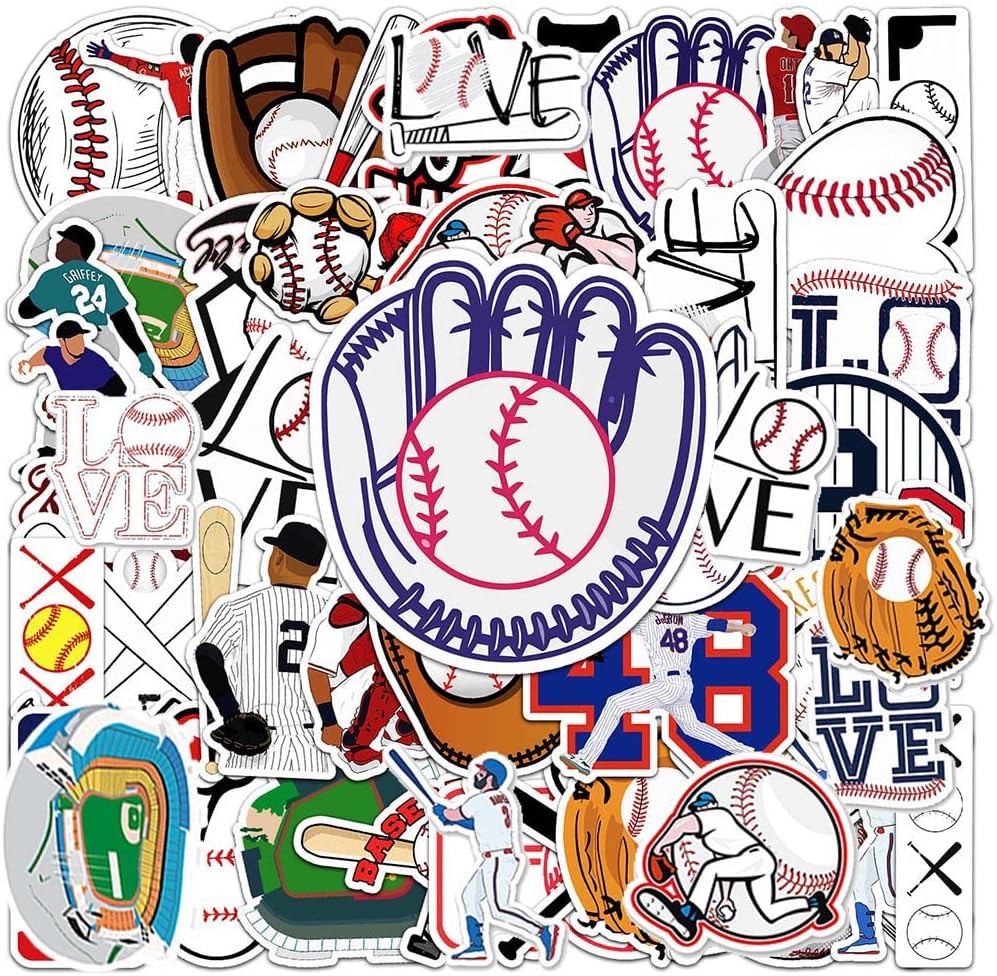 Baseball Game Stickers |50 Pcs Baseball Waterproof Vinyl Decals for Water Bottles Laptop Luggage Cup Computer Mobile Phone Skateboard Guitar Helmet Snowboard D&#xE9;cor