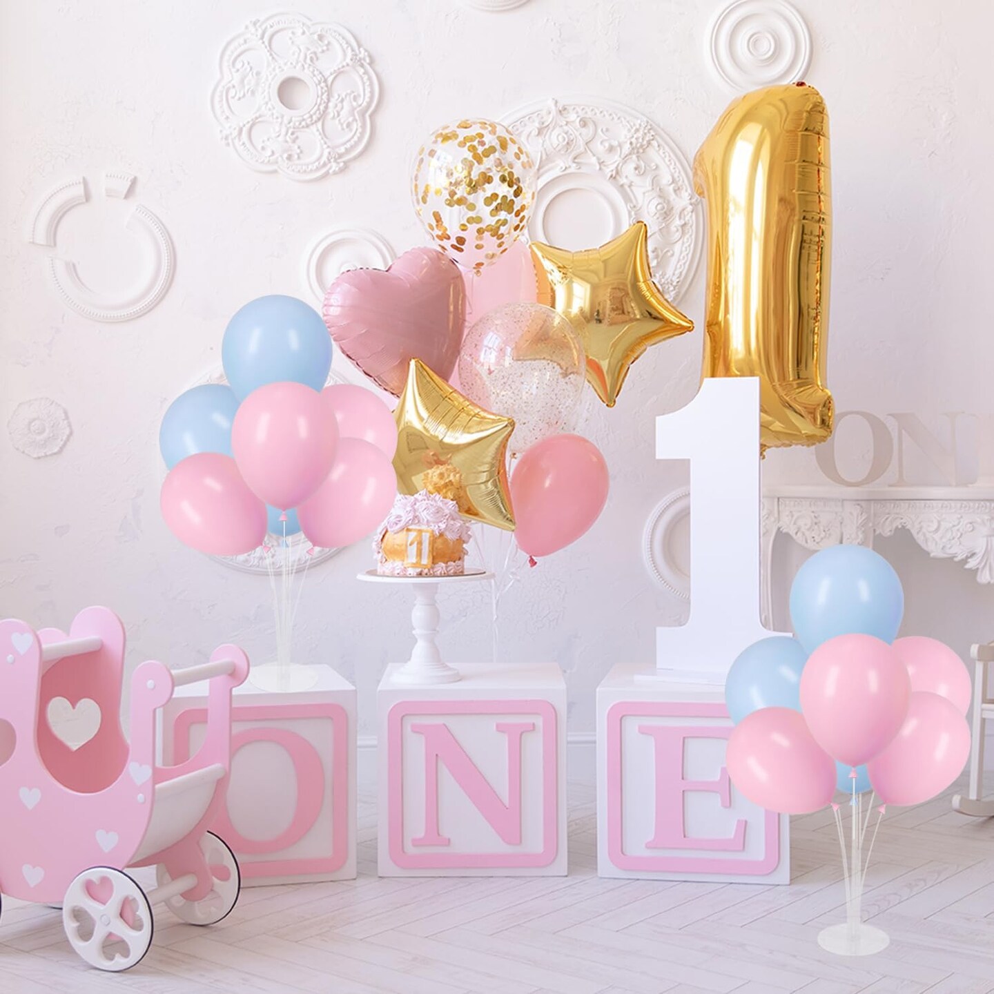 4 Sets Balloon Stand Kit with Blue & Pink Balloons – Table Centerpiece for Gender Reveal & Birthday Party Decor