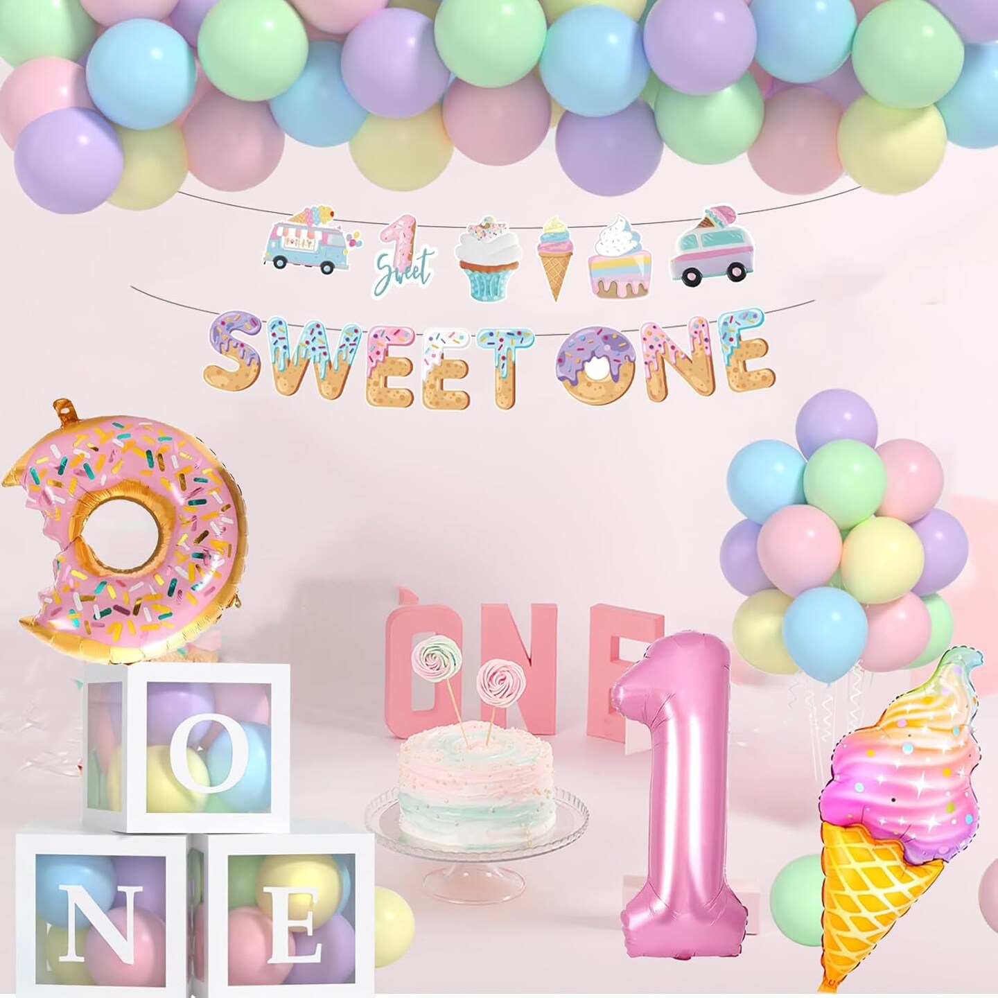 Sweet One Birthday Party Decorations, First Birthday Decorations For Girl With Pastel Balloons, 40inch Pink 1 Balloon, Sweet One Banner,O-N-E Box And Ice Cream Donuts Balloons for Party