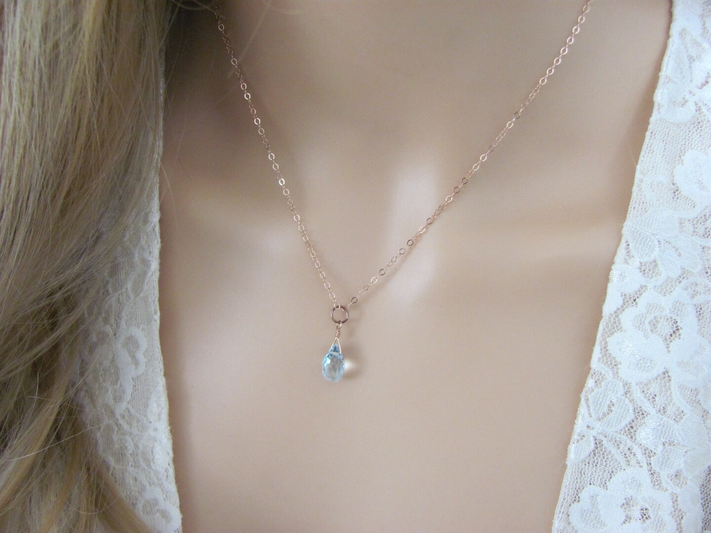 Rose Gold Aquamarine Backdrop Necklace - Minimalist Bridal Jewelry product 3