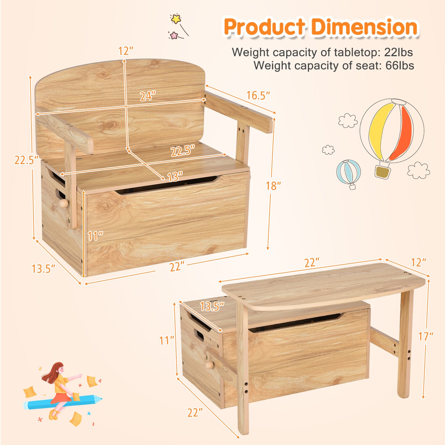MDF 3-in-1 Kids Chair Desk Set with Storage Toy Box