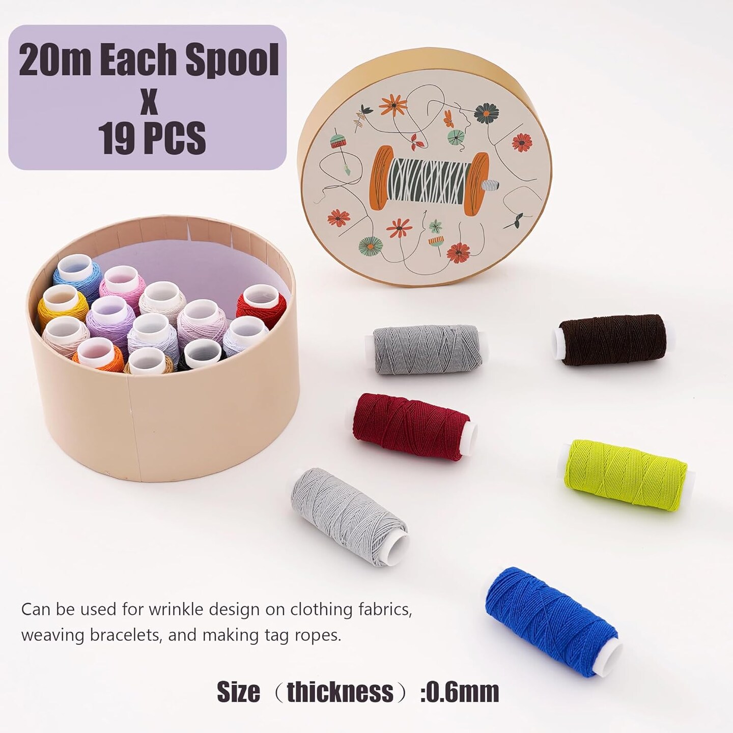 19PCS Elastic Thread 0.6mm,20m Each Spool Elastic Sewing Thread for Sewing Machine,Shirring Elastic Thread for Serger,Overlock Machines Quilting Knitting,Weave,DIY