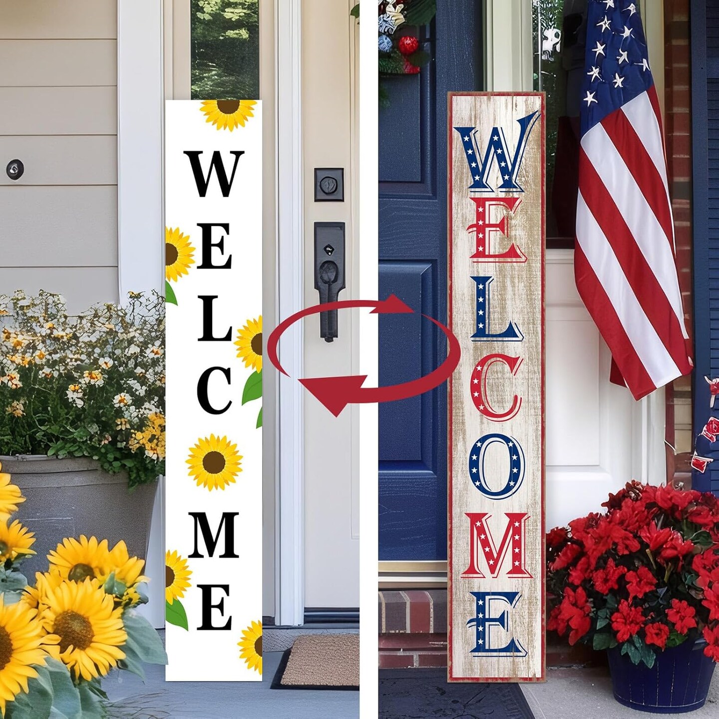 Two Sided Summer 4th of July Porch Sign, Wooden Sunflower Patriotic Independence Day Welcome Sign for Front Door Decor, Tall Vertical Leaner Standing Americana Outdoor Decorations