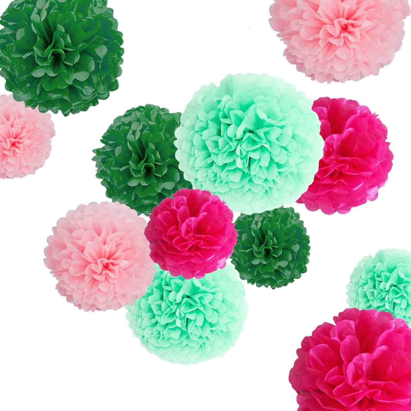 Green Pink Tissue Paper Pom Poms Decor-12PC Tissue Paper Flowers-Wall Hanging Decorations for Bachelorette, Neutral,Bridal,Baby Shower,Hawaiian Birthday Decorations 8,10, 12in