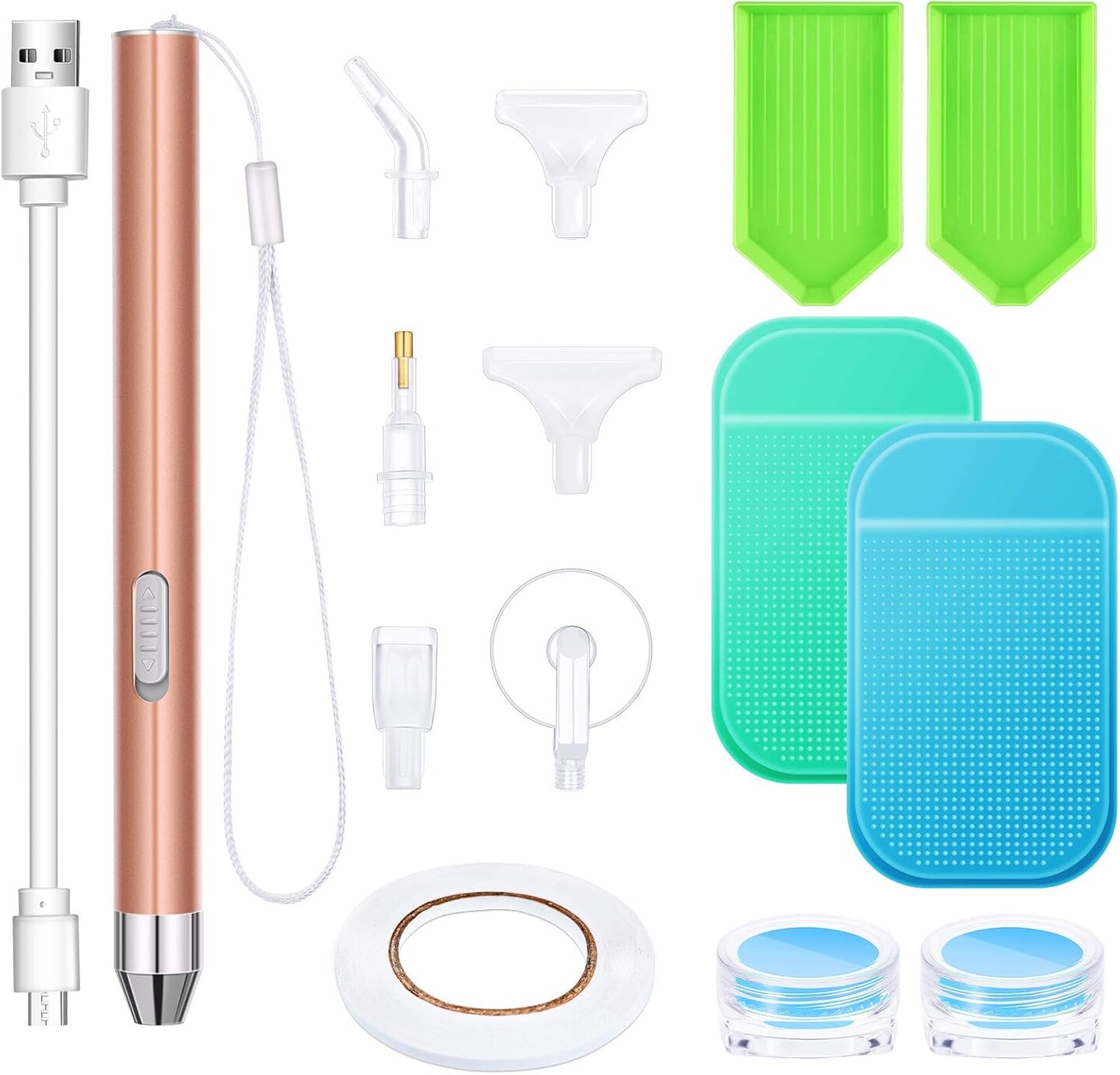 15pcs LED Diamond Painting Tools Set – Rose Gold Light-Up Drill Pens for 5D DIY Art – Includes Interchangeable Multi-Placer Heads, Anti-Slip Mats, Trays & Clay Case – Ergonomic Light Point Pen Kit for Adults & Kids