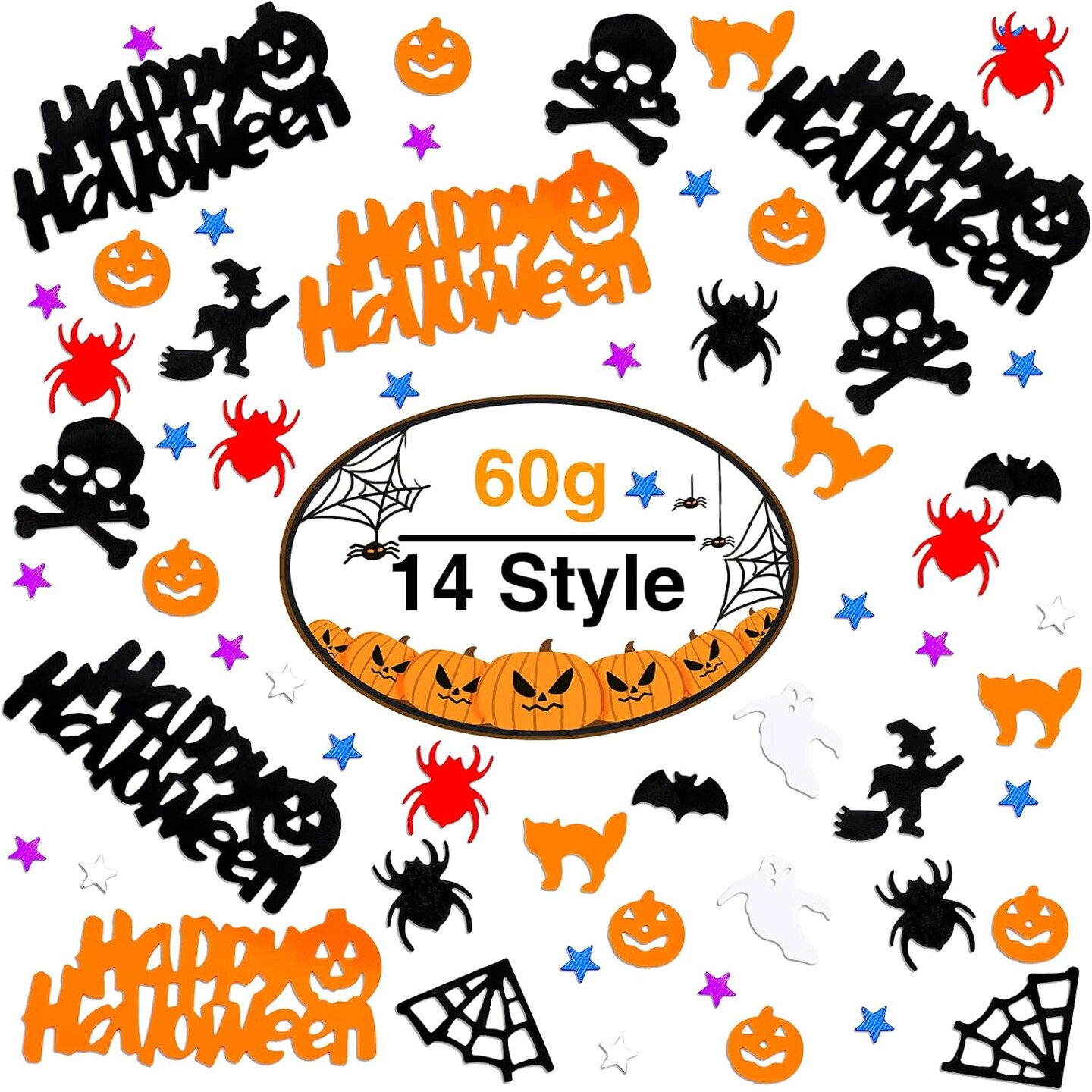 Halloween Party Table Scatter Confetti, Halloween Supplies Foil Metallic Sequins Confetti Trick Or Treat Party Sprinkles Confetti Decorations Pumpkin Bat Ghost Witch Skull Spider Decor, 60g