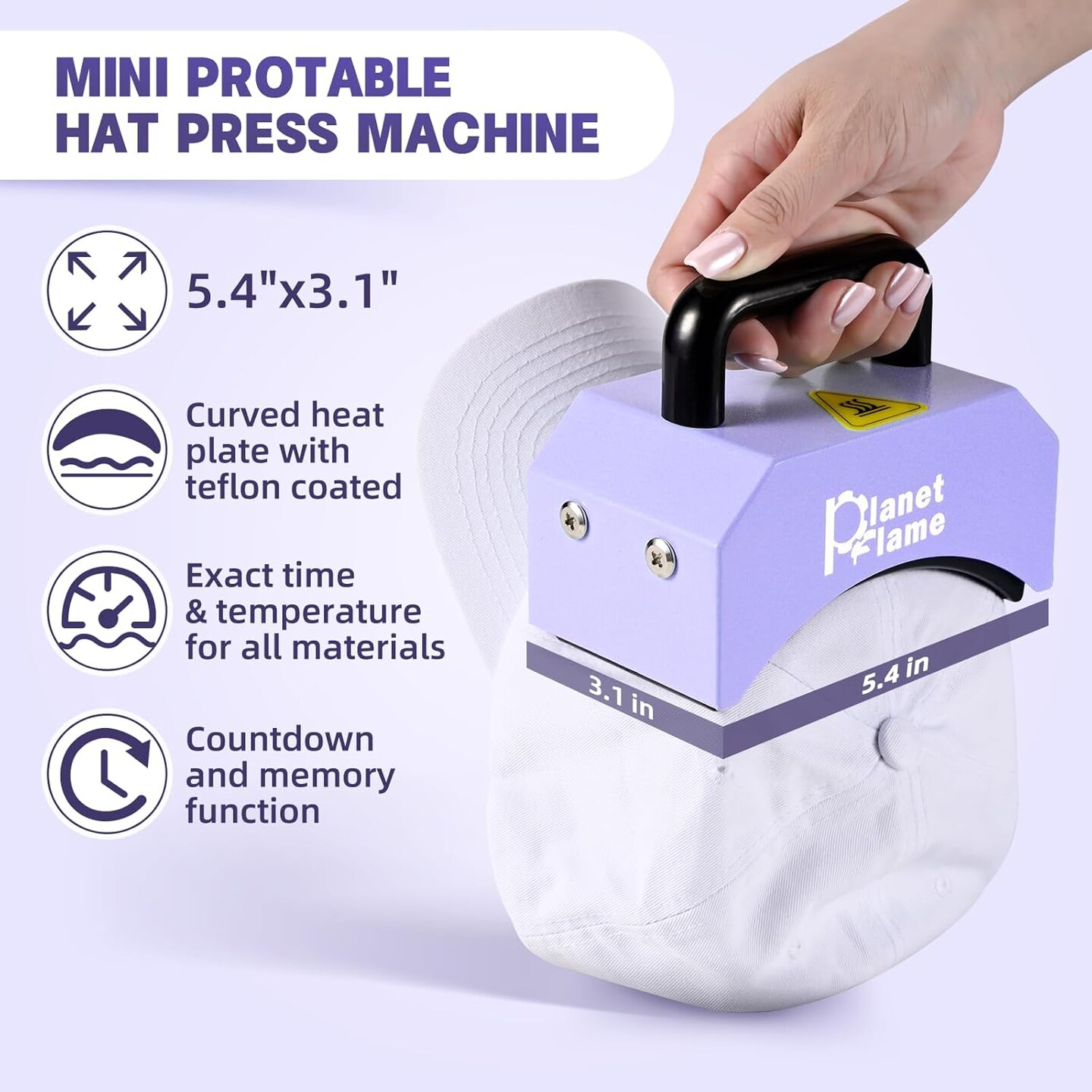 Hat Press, Mini Hat Press Heat Machine for Caps Hats with 5.4&#x22; * 3.1&#x22; Curved Teflon Coated Heat Plate &#x26; Safety Base for Heat Transfer Vinyl, Sublimation and DIY Projects, Purple