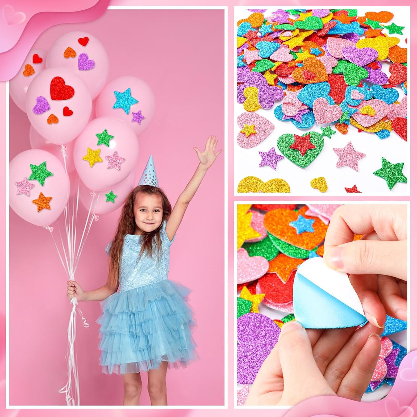 Colorful Glitter Foam Sticker, 300Pcs Stars Heart Shapes Glitter Self Adhesive Foam Stickers for Kids Party Favors Toddler DIY Crafts Supplies Home Decorations