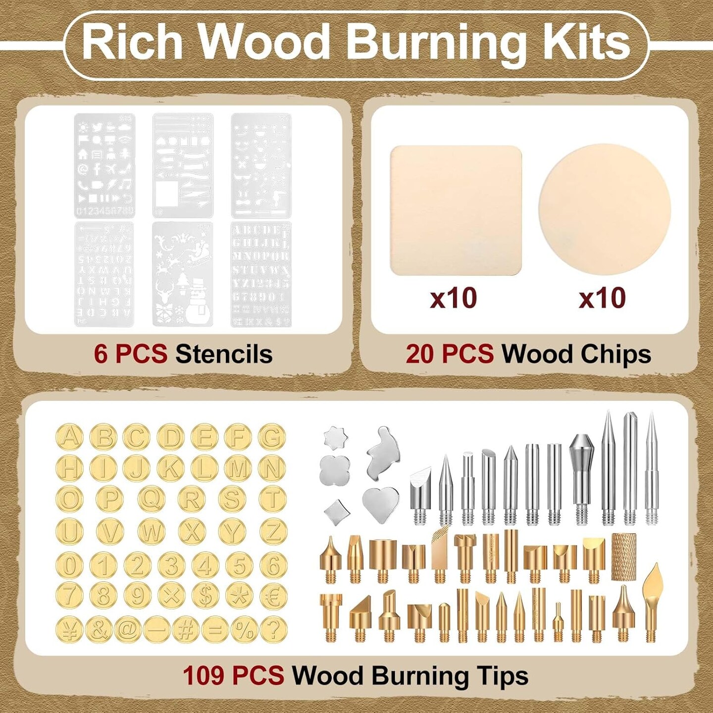 136 Pieces Wood Burning Kit Wood Burning Tools Set Wood Burner Tips Adjustable Temperature Pen Stencils with Wood Chips for Wood Burner DIY Embossing Carving Crafts