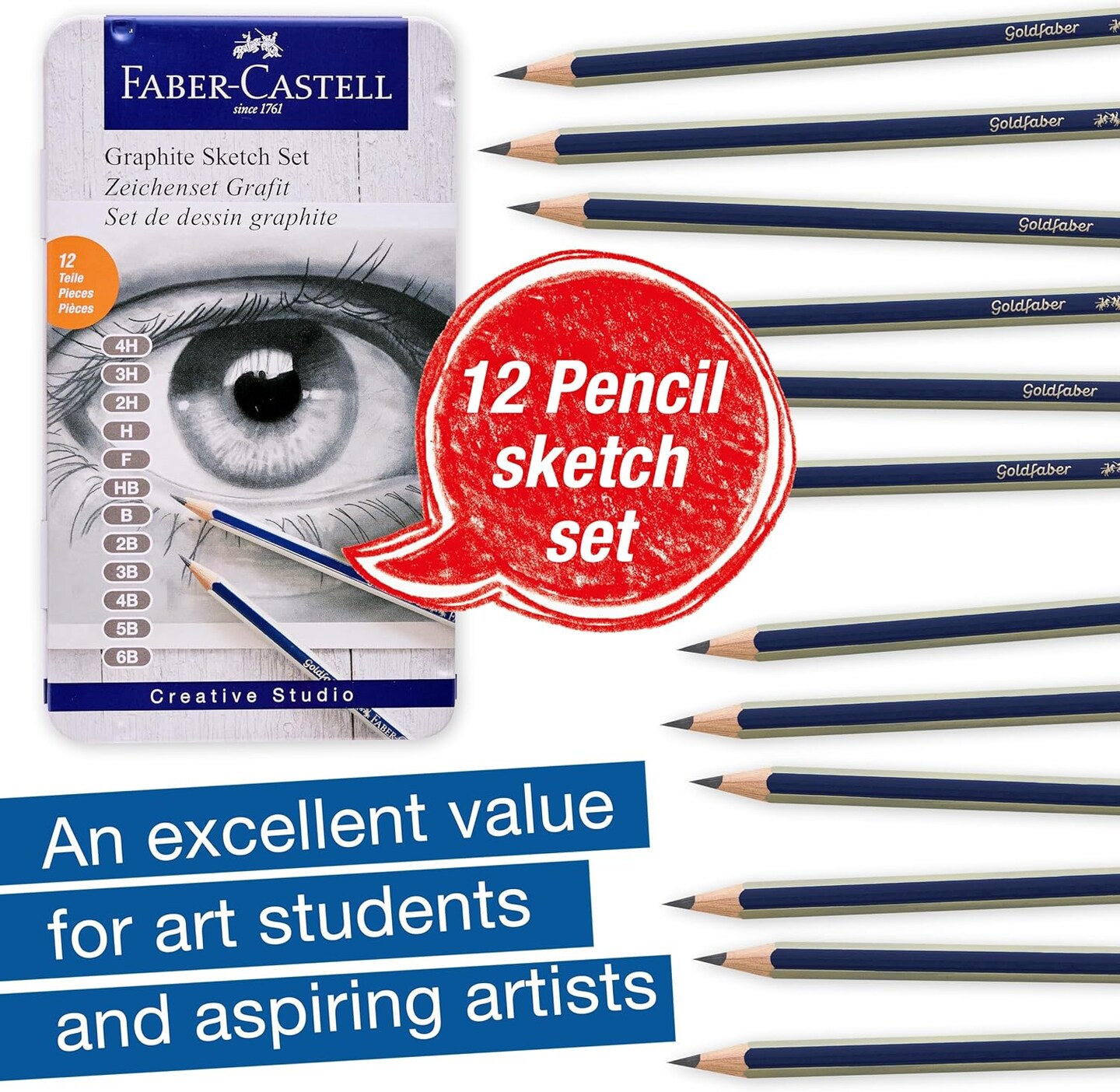 Graphite Pencils Drawing Set: 12 Art Pencils for Sketching (4H, 3H, 2H, H, F, HB, B, 2B, 3B, 4B, 5B, and 6B), Shading Kit