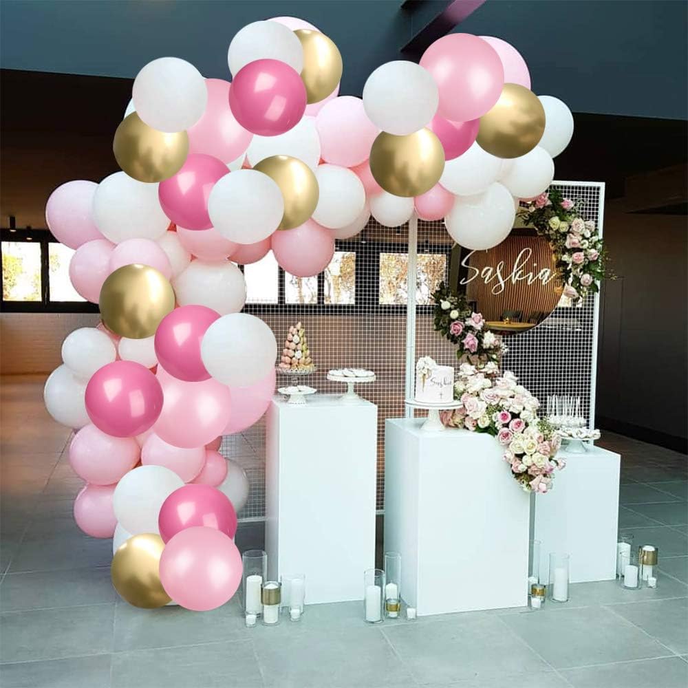 Pink and Gold Confetti Balloons, 60pcs Hot Pink Balloons Macaron Pink Balloons White Balloons Metallic Gold Balloons for Girls Birthday Baby Shower Bridal Shower Wedding Anniversary Party Decorations