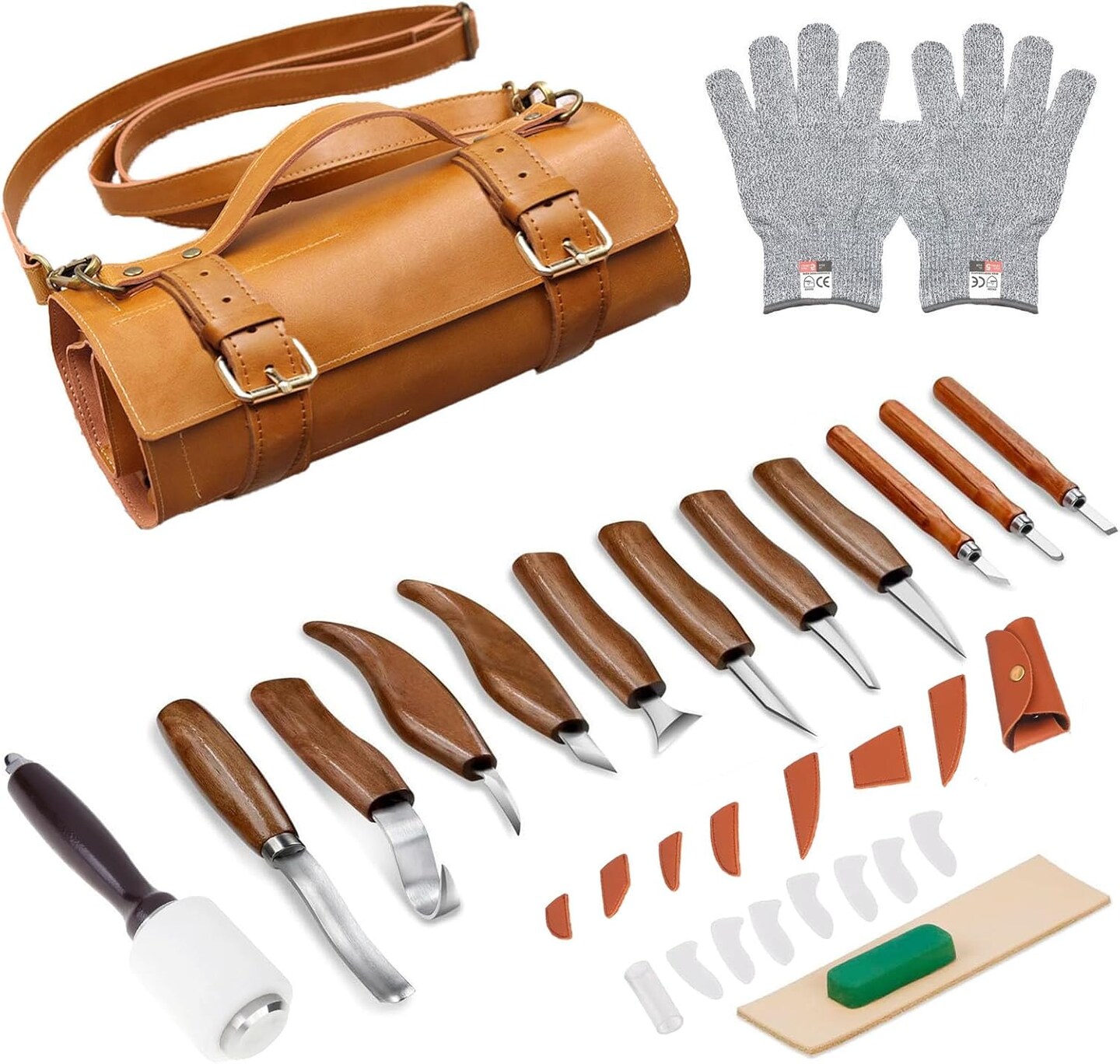 Wood Carving Tool Kit for Adult Beginners Woodworking, Whittling Knife Set with Large Leather Case and Gouge, Wooden Spoon Carving Kits, Gifts for Men Women Carving Enthusiasts Friends