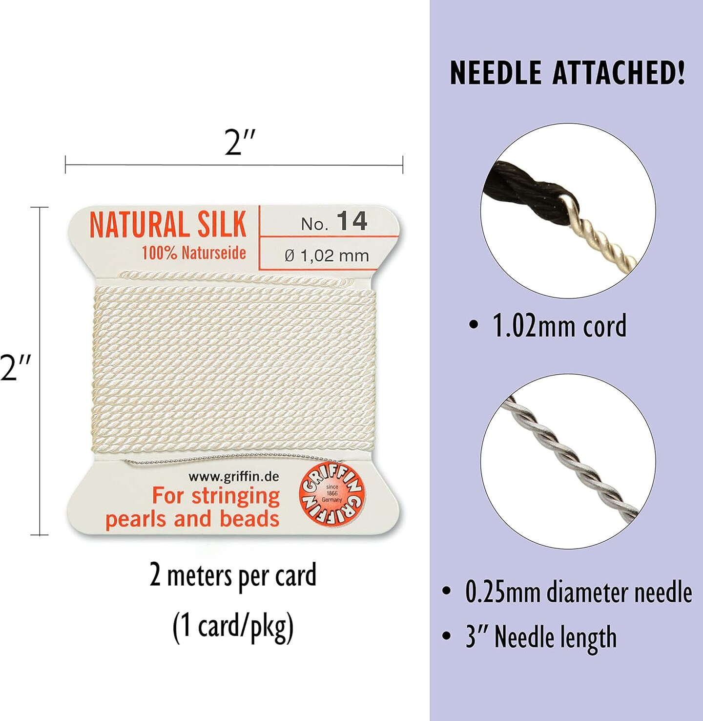 Griffin Silk Bead Cord Perlseide – Size 14 (1.02mm) – 2 Meters per Card – Stainless Steel Needle Attached – for Knotting Pearls, Gemstones, Crystals and Beads