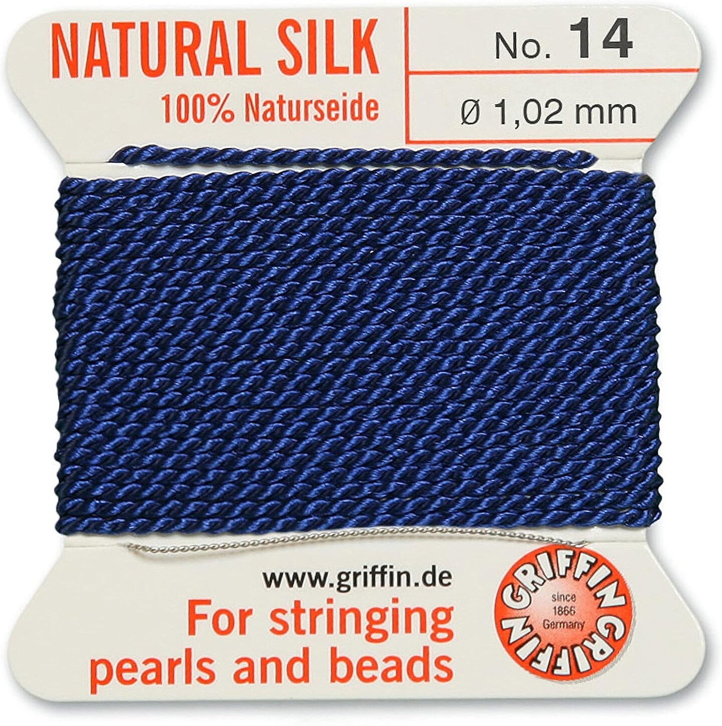 Griffin Silk Bead Cord Perlseide – Size 14 (1.02mm) – 2 Meters per Card – Stainless Steel Needle Attached – for Knotting Pearls, Gemstones, Crystals and Beads