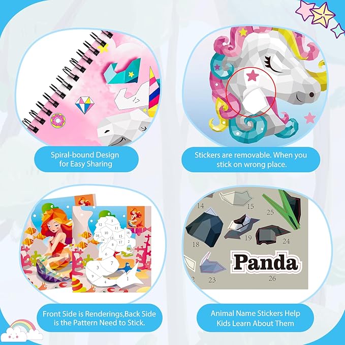 3PCS Sticker Paint Books for Kids Ages 4-10,Unicorn Mermaid Animals Designs Paint by Stickers,Sticker by Numbers,Party Birthday Gifts for Girls 4-10,Create 30 Pictures One Stickers at A Time