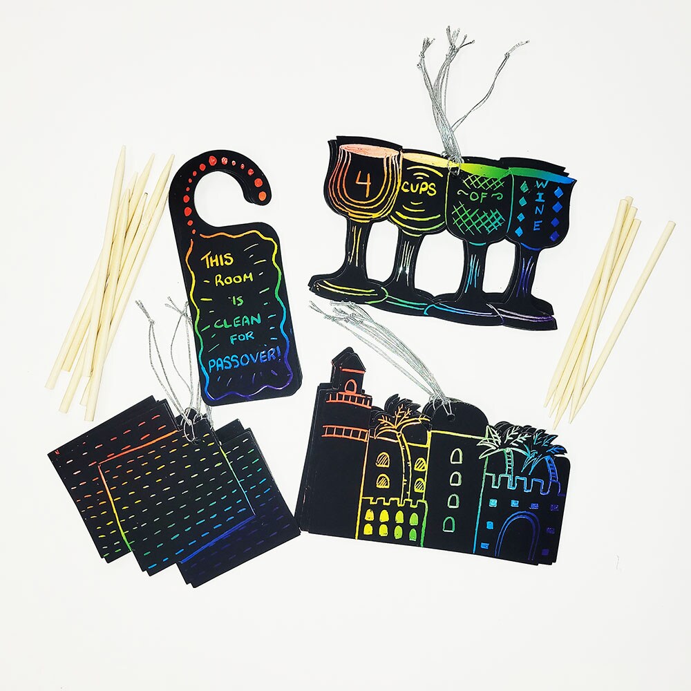 Passover Scratch Art Paper Kit – Makes 24 – Pesach Scratch Craft Cards with Wooden Tools for Kids Ages 4+