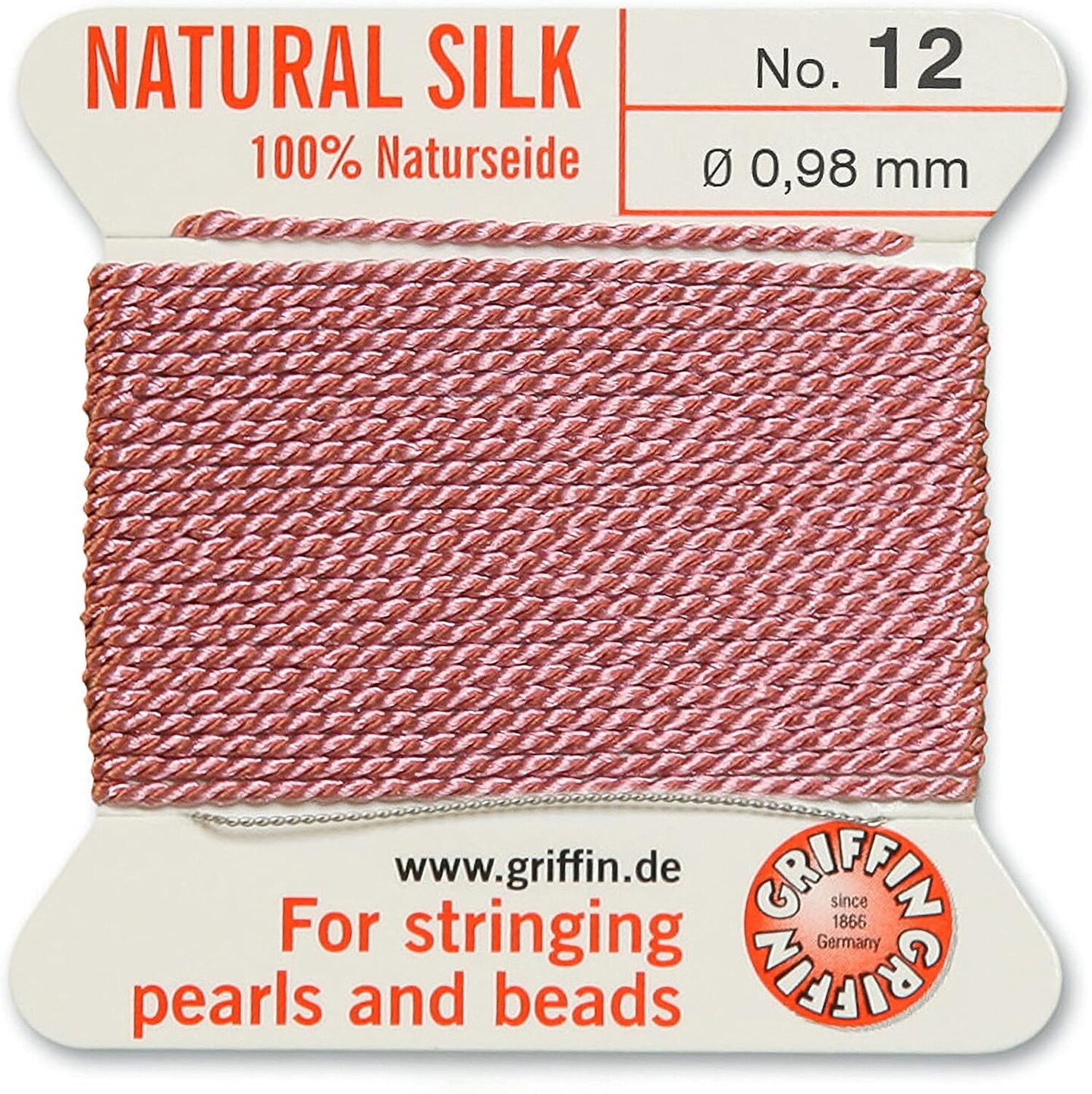 Griffin Silk Bead Cord Perlseide – Size 12 (0.98mm) – 2 Meters per Card – Stainless Steel Needle Attached – for Knotting Pearls, Gemstones, Crystals and Beads