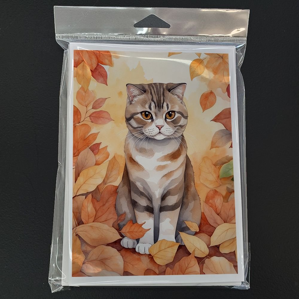 Edge Collections - 5" x 7" - Multicolor - Scottish Fold Cat Fall Leaves Greeting Cards - 8 Pieces