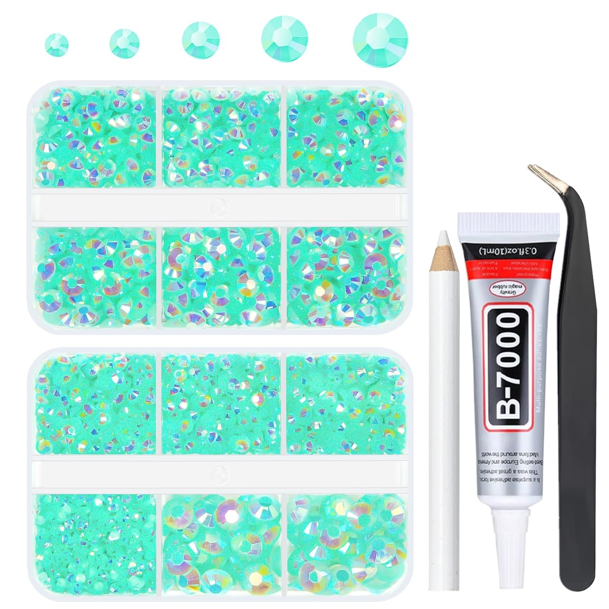 qiipii Aquamarine Green AB Resin Rhinestones w B7000 Glue for Bedazzling Crafting 2mm-6mm Flatback Jelly Stones Diamonds Gems for Face Eyes Makeup Tumblers Bottles DIY Crafts Clothes Shoes Phones Book