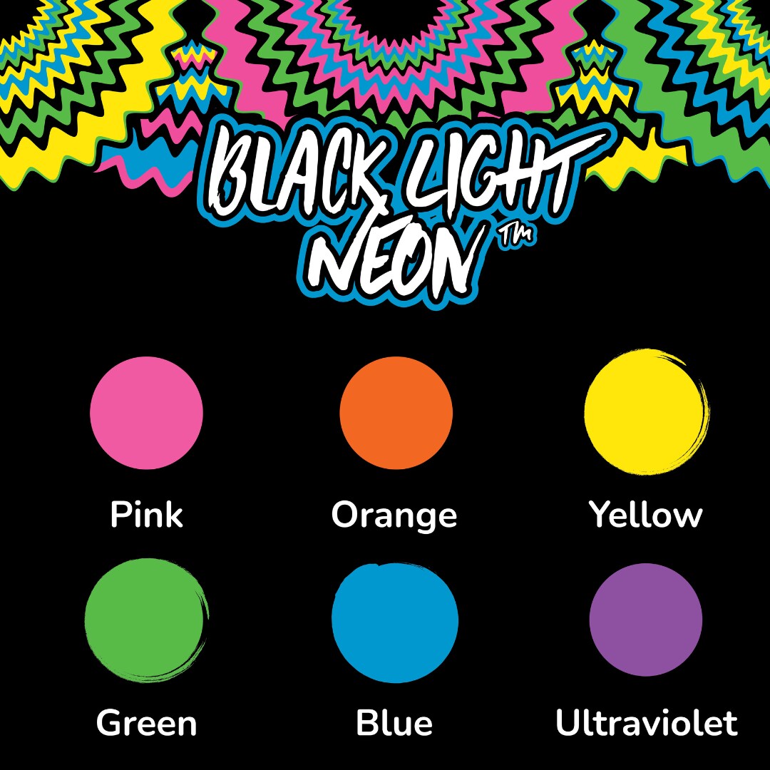 DecoArt Black Light Neon Acrylic Paint Set – Fluorescent UV Reactive Acrylic for Craft, Art, DIY & Party Projects - 6, 2 oz Bottles