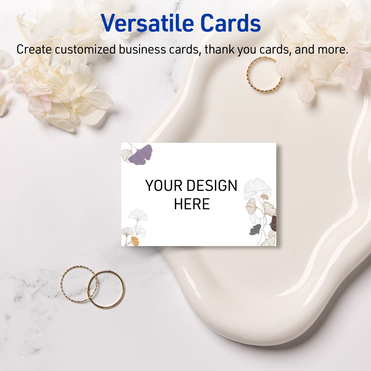 Avery Printable Rectangle Business Cards with Sure Feed Technology, Pre-Printed Silver Metallic with Gingko Leaves Design, Matte White, 2" x 3-1/2", Laser & Inkjet Compatible, 80 Total