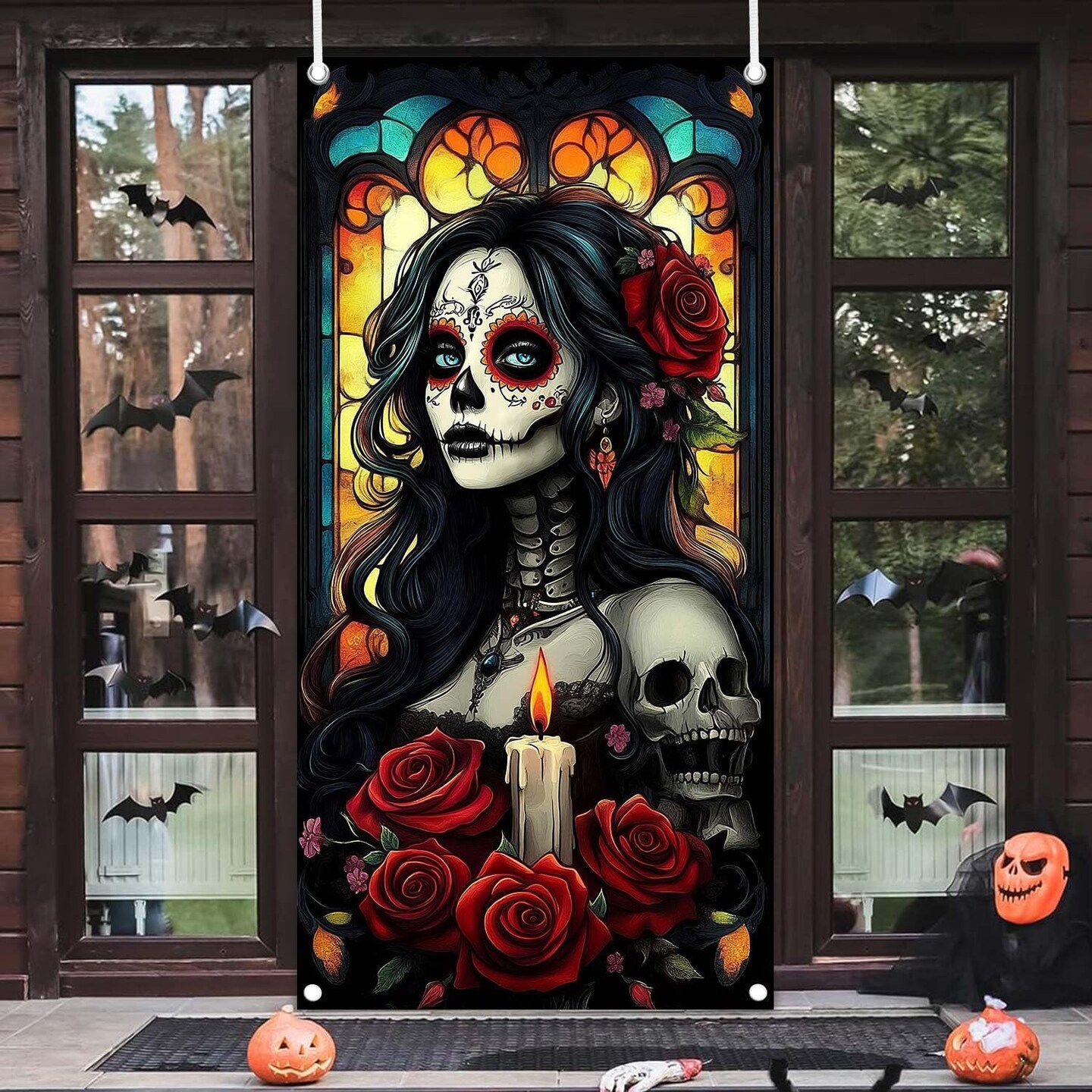Day of The Dead Door Cover Dia De Los Muertos Porch Sign (Halloween) 70.8&#x22;L x 35.4&#x22;W