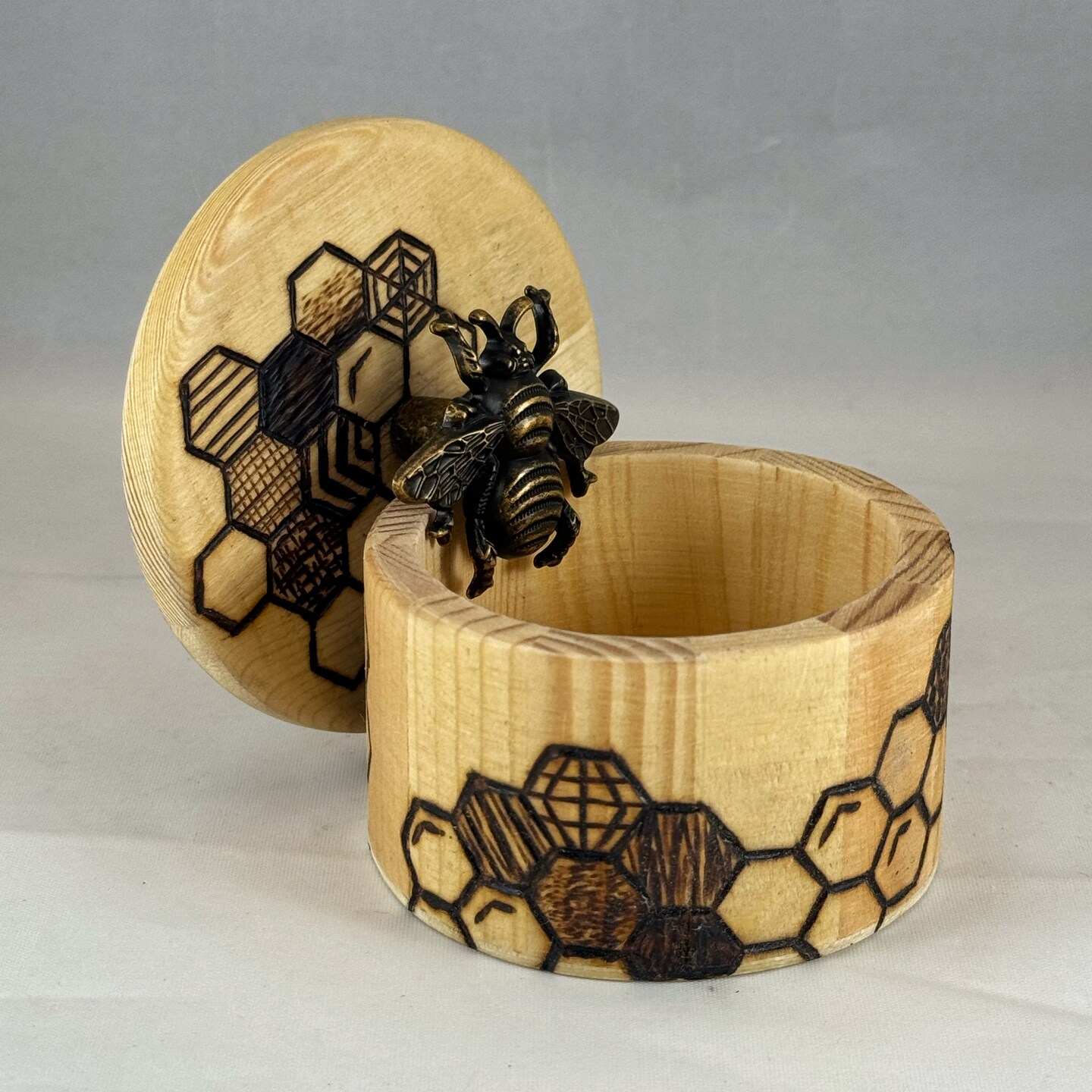 Honeybee Honeycomb Wood Burned Trinket Box with Bee Knob