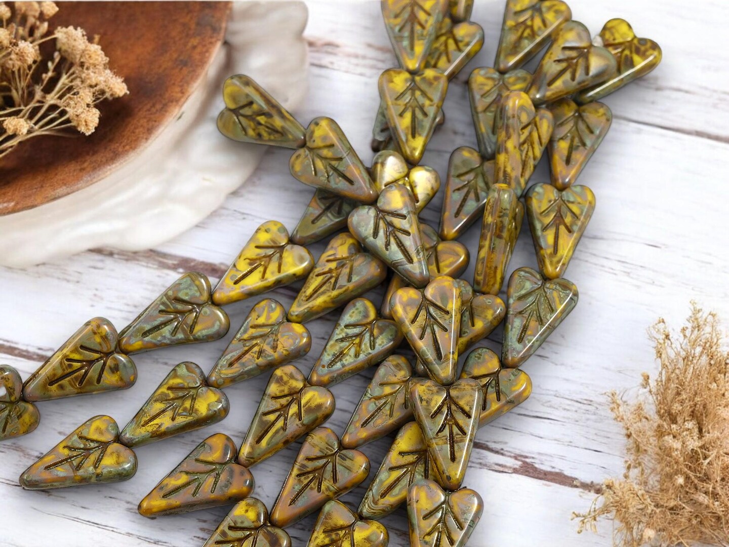 *8* 17x11mm Opaque Yellow Travertine Heart Leaf Beads