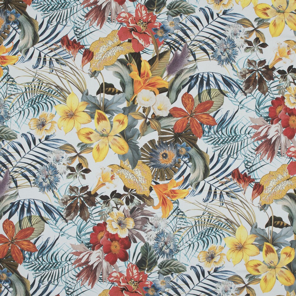 1 Yard Blue and Yellow Tropical Floral Ganesh's Wisdom Stretch Cotton Sateen