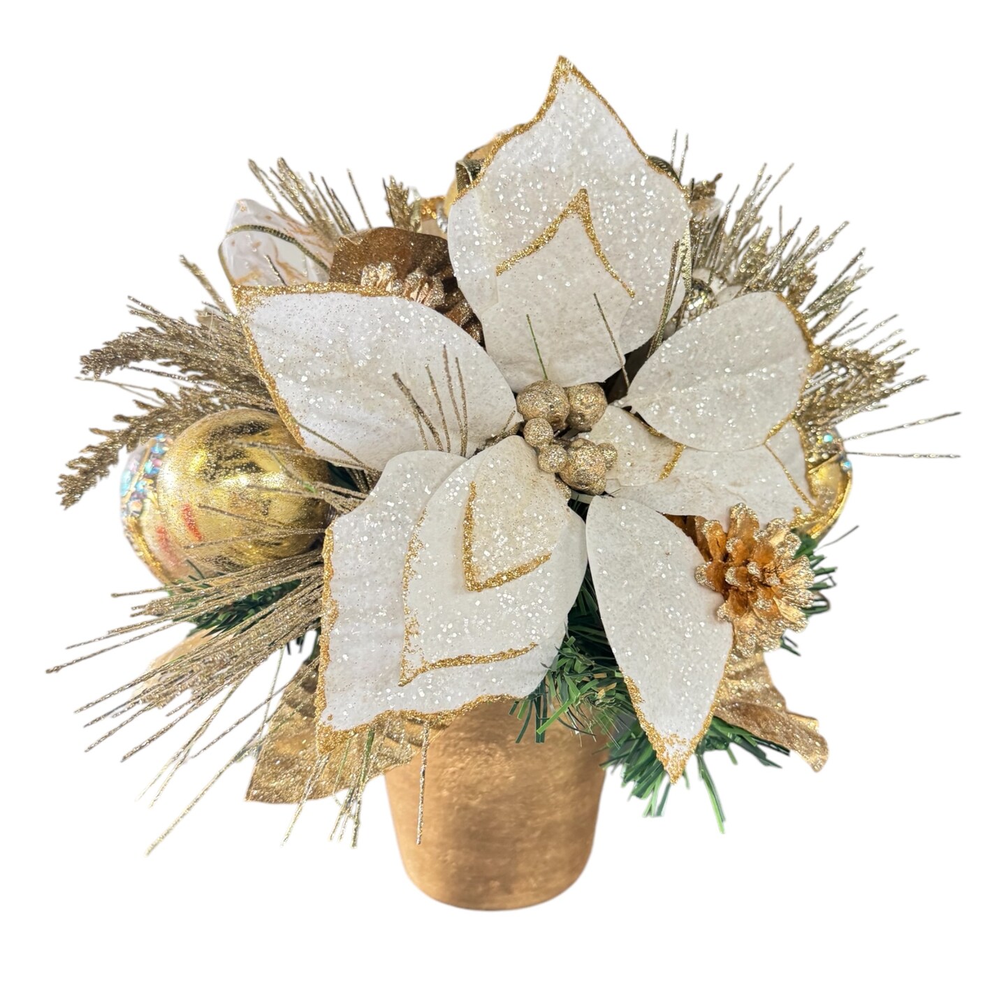 White Gold Poinsettia Arrangement Centerpiece - Handcrafted Christmas Decorations - Holiday Tree
