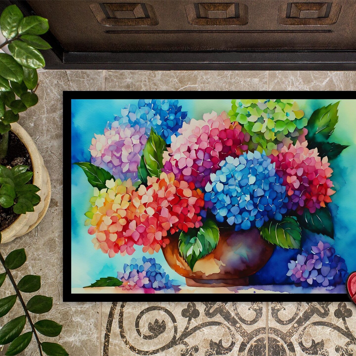 Edge Collections - 18" x 27" - Multicolor - Hydrangeas Doormat Indoor Outdoor Rug Non Slip Washable - 1 Piece