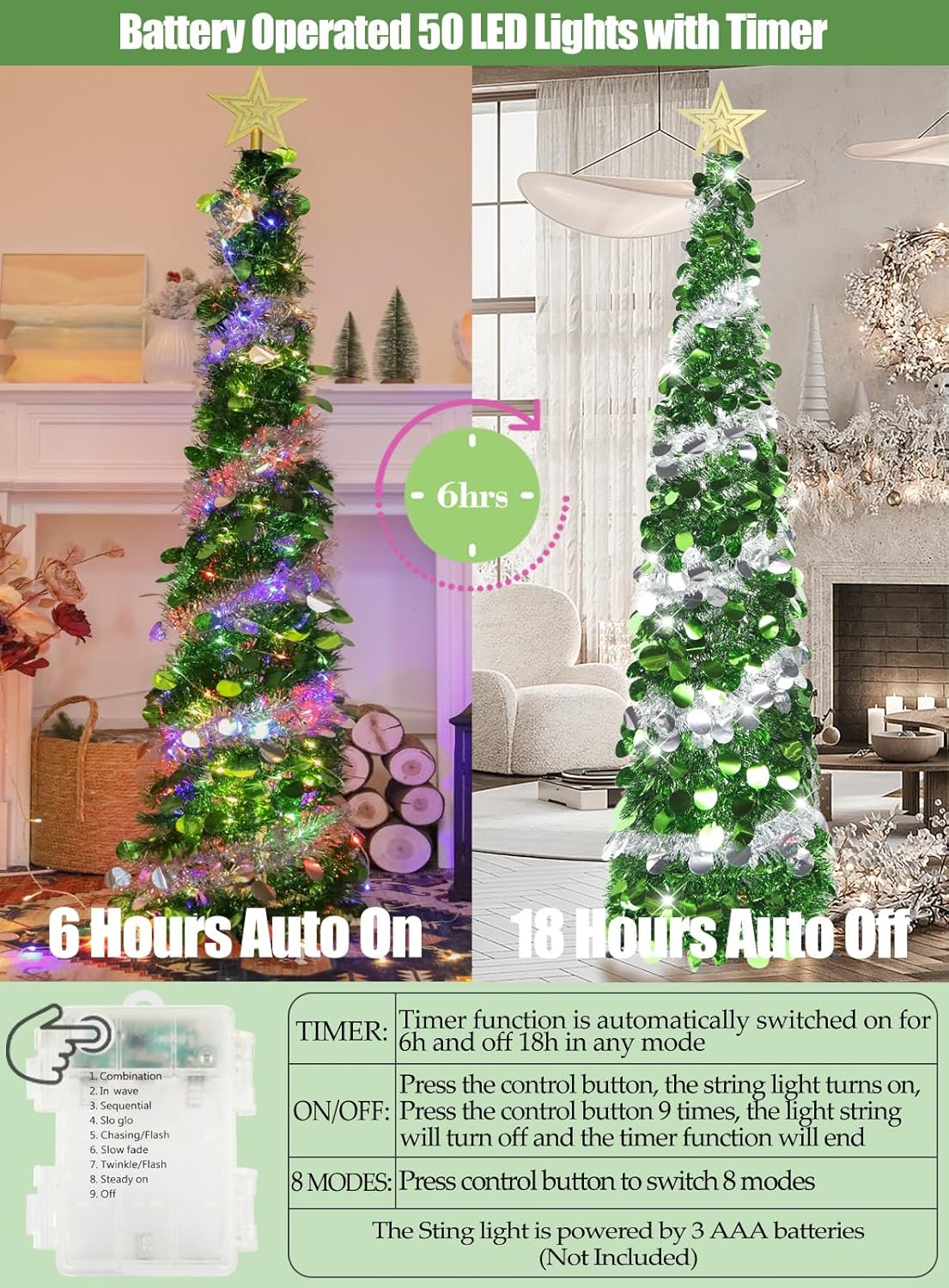 5 FT Pop Up Christmas Tree with Timer, Colorful Lights & Tinsels (Green & Sliver)