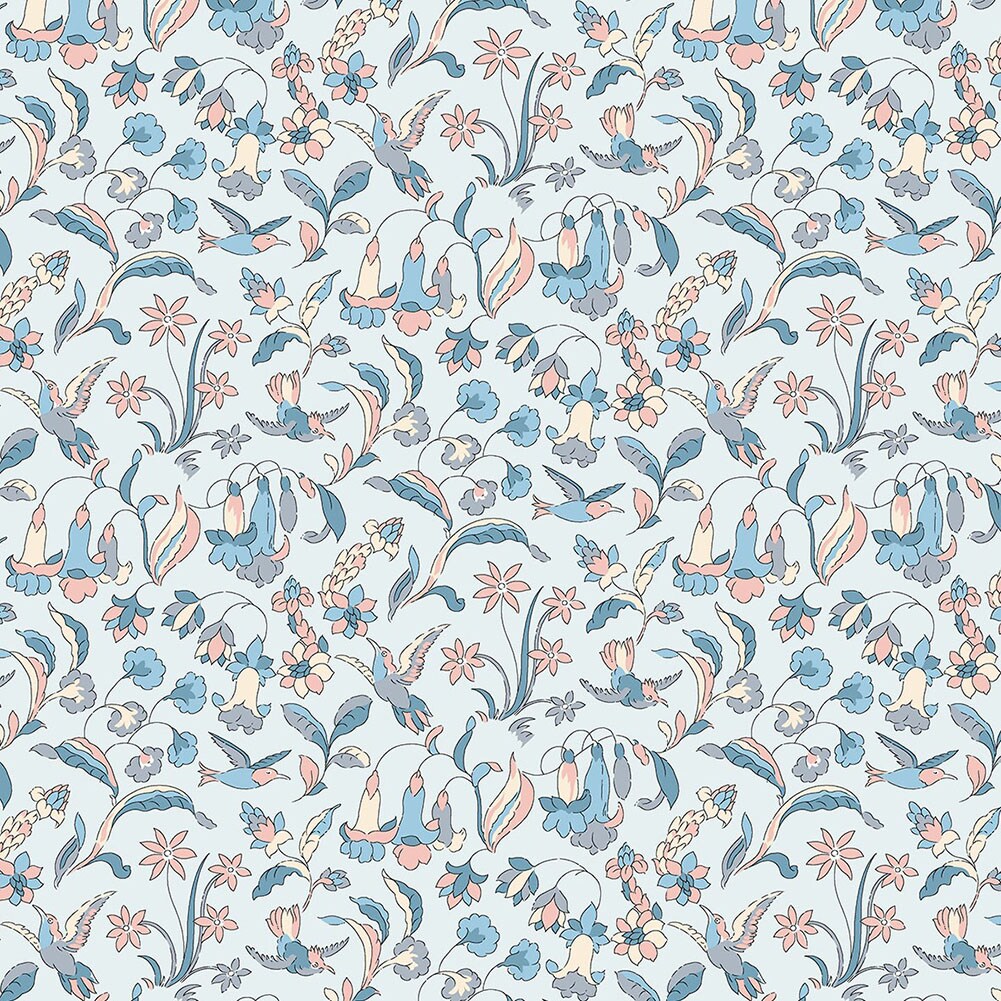 1 Yard Pale Blue Flora and Fauna Lasenby Quilting Cotton Blue and Pink