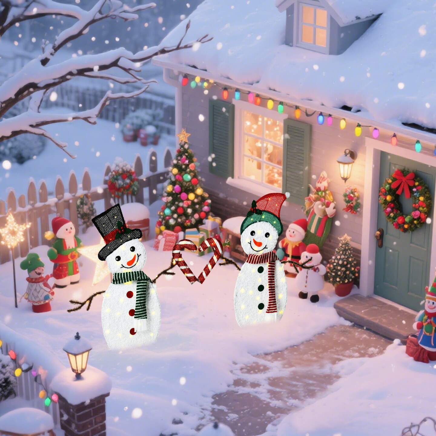 Set of 2 Heart Shaped Snowmen with Warm LED Lights Indoor Outdoor Christmas Decoration 30&#x22; &#x26; 32&#x22; Tall