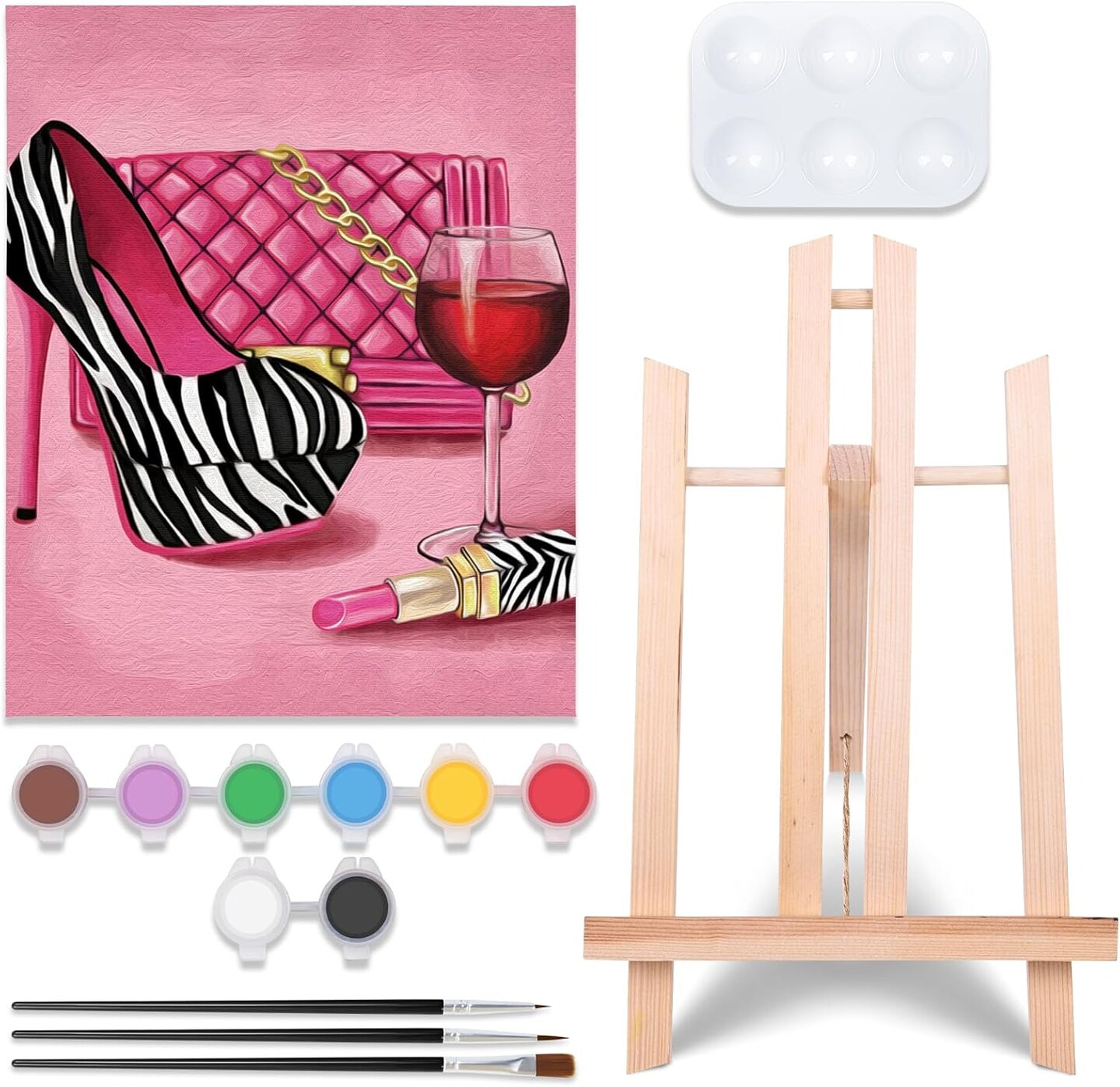 Paint 1 Easel, 8 Acrylic Colors,3 Brush,1 Pallet Girl High Heel Glass Bag Lipstick Art Set(8x10)