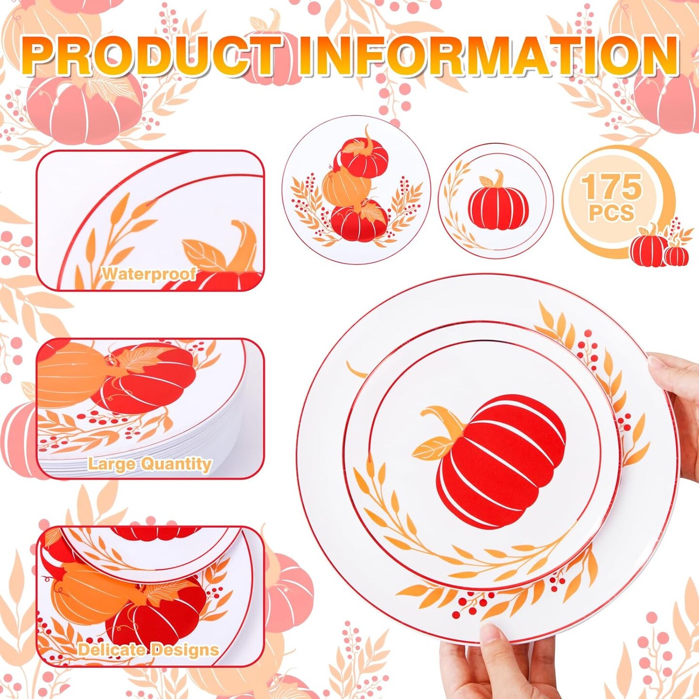 175PCS Thanksgiving Plastic Plates(Orange Red Gold)10.25 x 10.25 x 0.6 inches