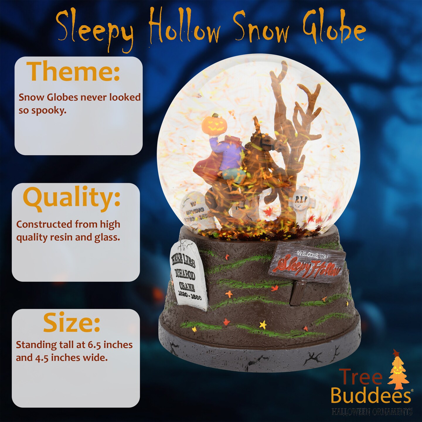 Tree Buddees Sleepy Hollow Fall Themed Headless Horseman Halloween Snow Globe - Large 6.5&#x22;